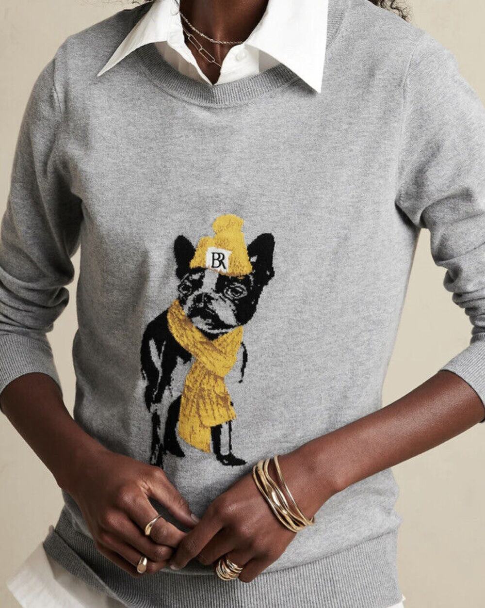 BANANA REPUBLIC Factory Dog Forever Intarsia Sweater Sz L Heather Gray NWT (Z
